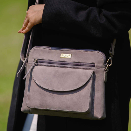 'Assots London JEAN' Grey Distressed Real Leather Crossbody Bag
