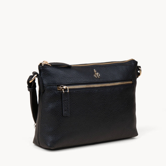 Assots London 'BECKY' Black Pebble Grain Real Leather Crossbody Bag
