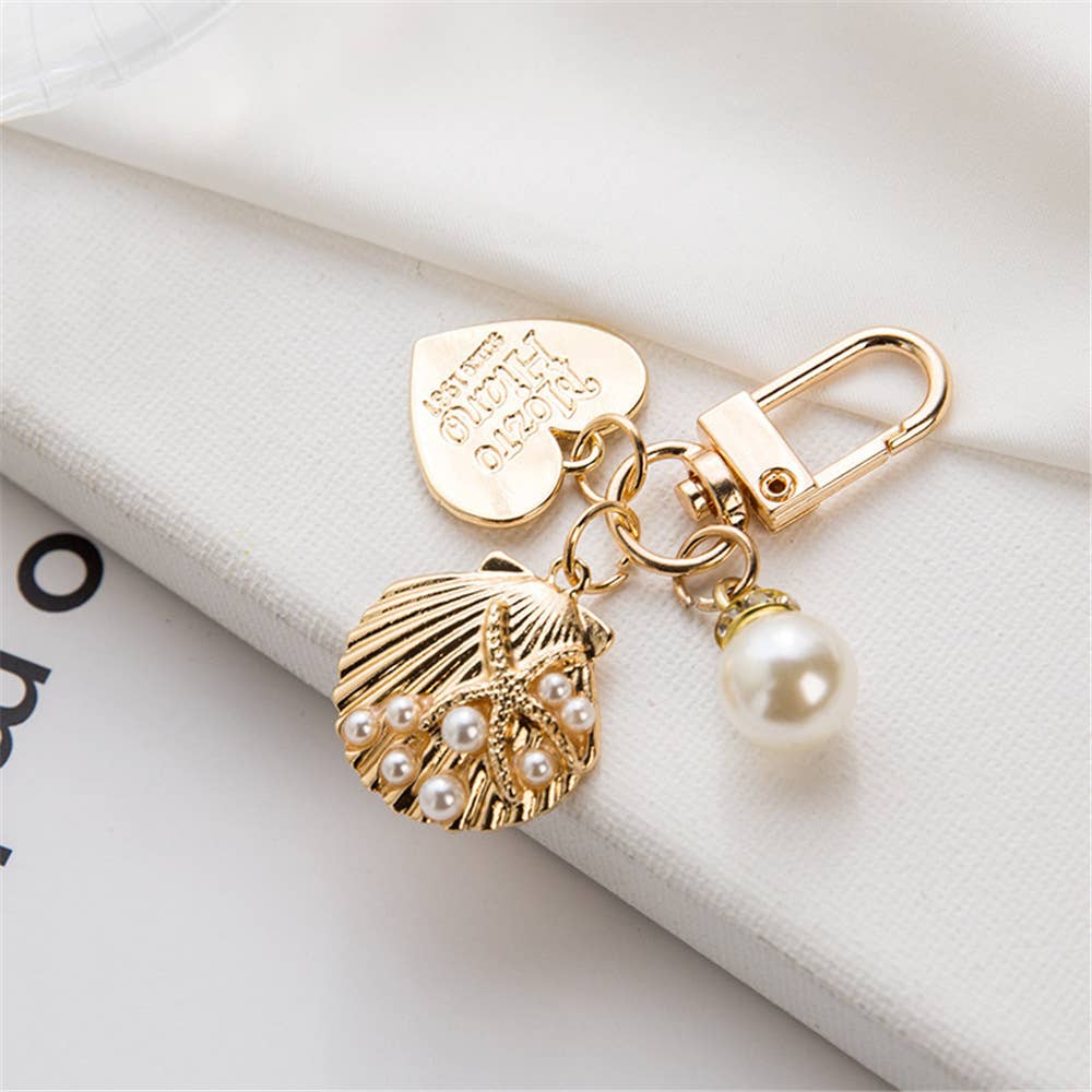 Gold Keychain with Shell, Pearl and Heart Purse Charm
