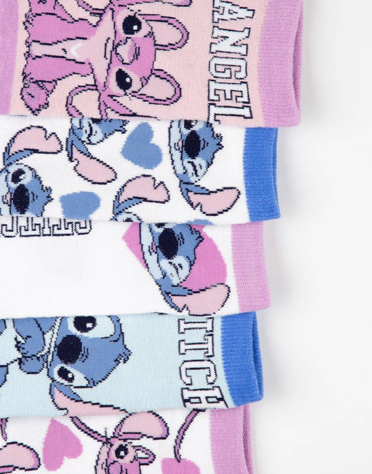 Disney Girls 'Stitch & Angel' Pink Blue 5 Pack Calf Socks