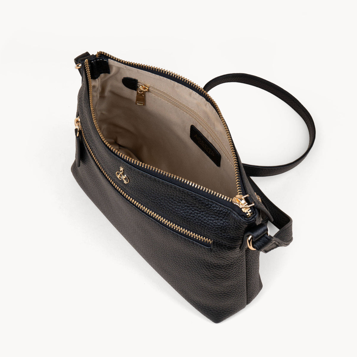 Assots London 'BECKY' Black Pebble Grain Real Leather Crossbody Bag
