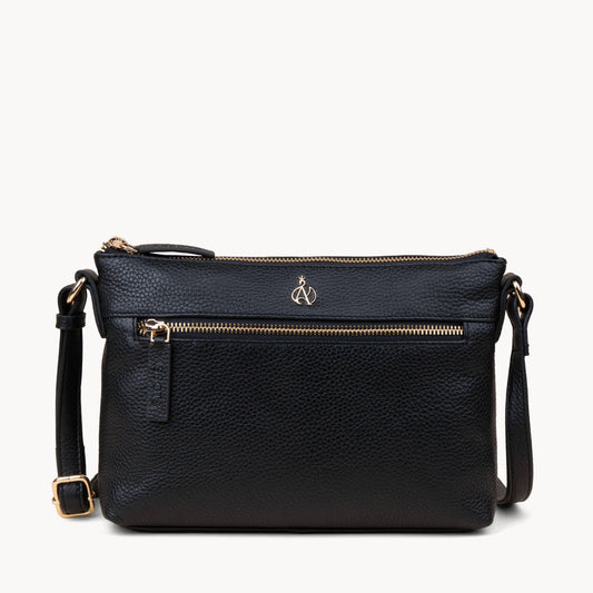 Assots London 'BECKY' Black Pebble Grain Real Leather Crossbody Bag