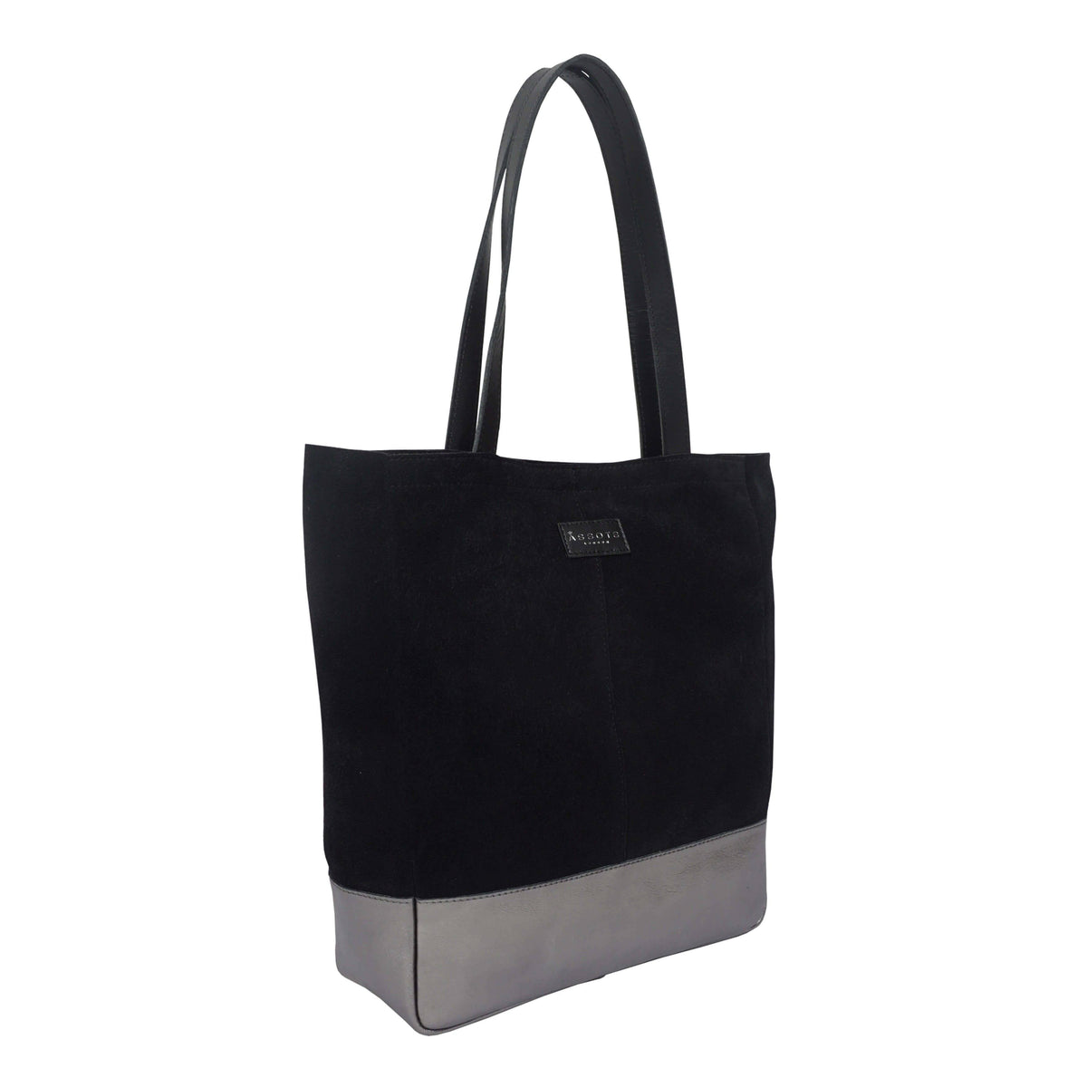Assots London 'PAIGE' Black Real Leather + Pewter Metallic Leather Tote