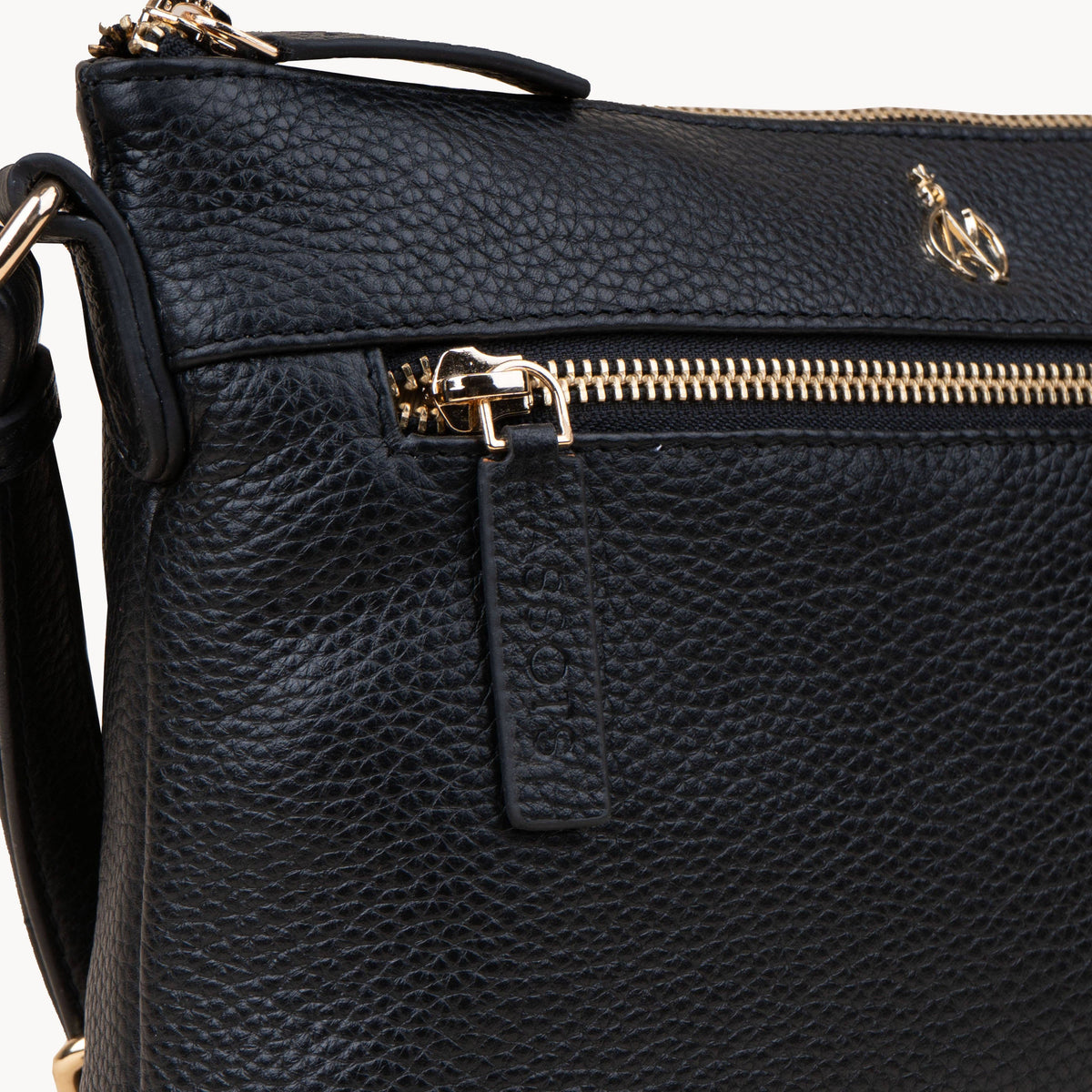 Assots London 'BECKY' Black Pebble Grain Real Leather Crossbody Bag