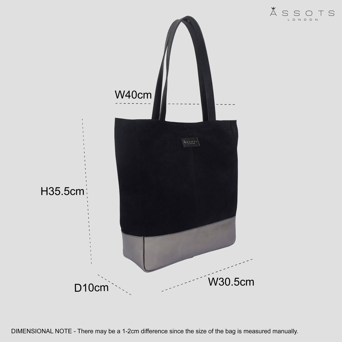 Assots London 'PAIGE' Black Real Leather + Pewter Metallic Leather Tote