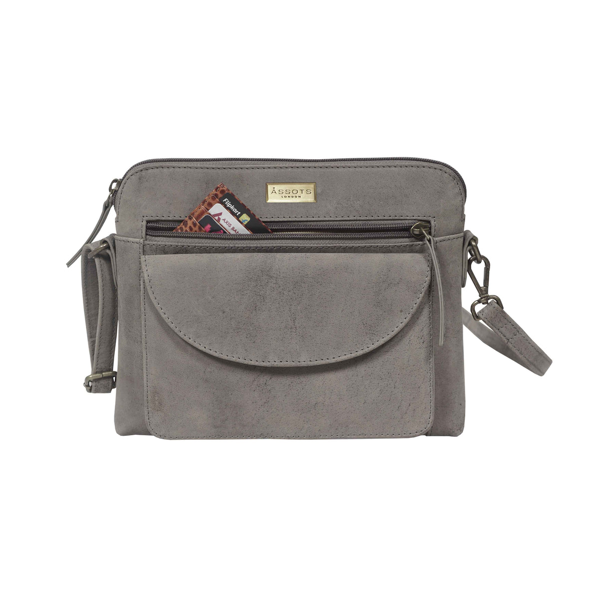 'Assots London JEAN' Grey Distressed  Real Leather Crossbody Bag