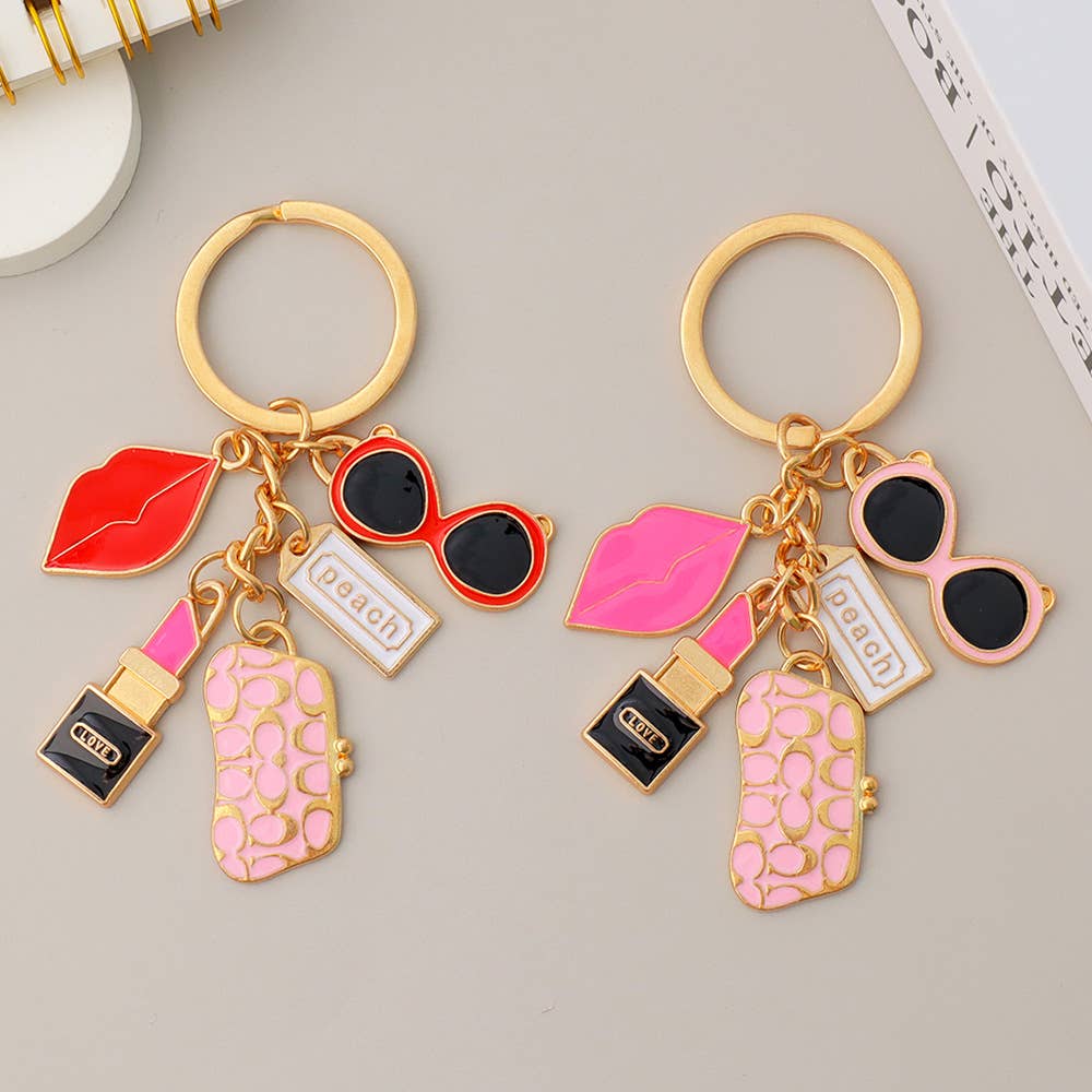 Lipstick Wallet Sunglasses Red Lips Keychain Bag Pendant