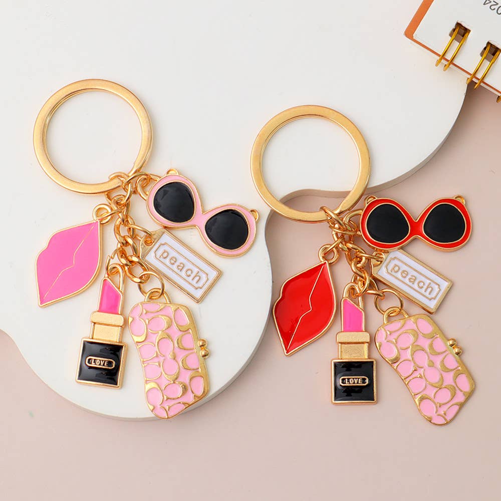Lipstick Wallet Sunglasses Red Lips Keychain Bag Pendant