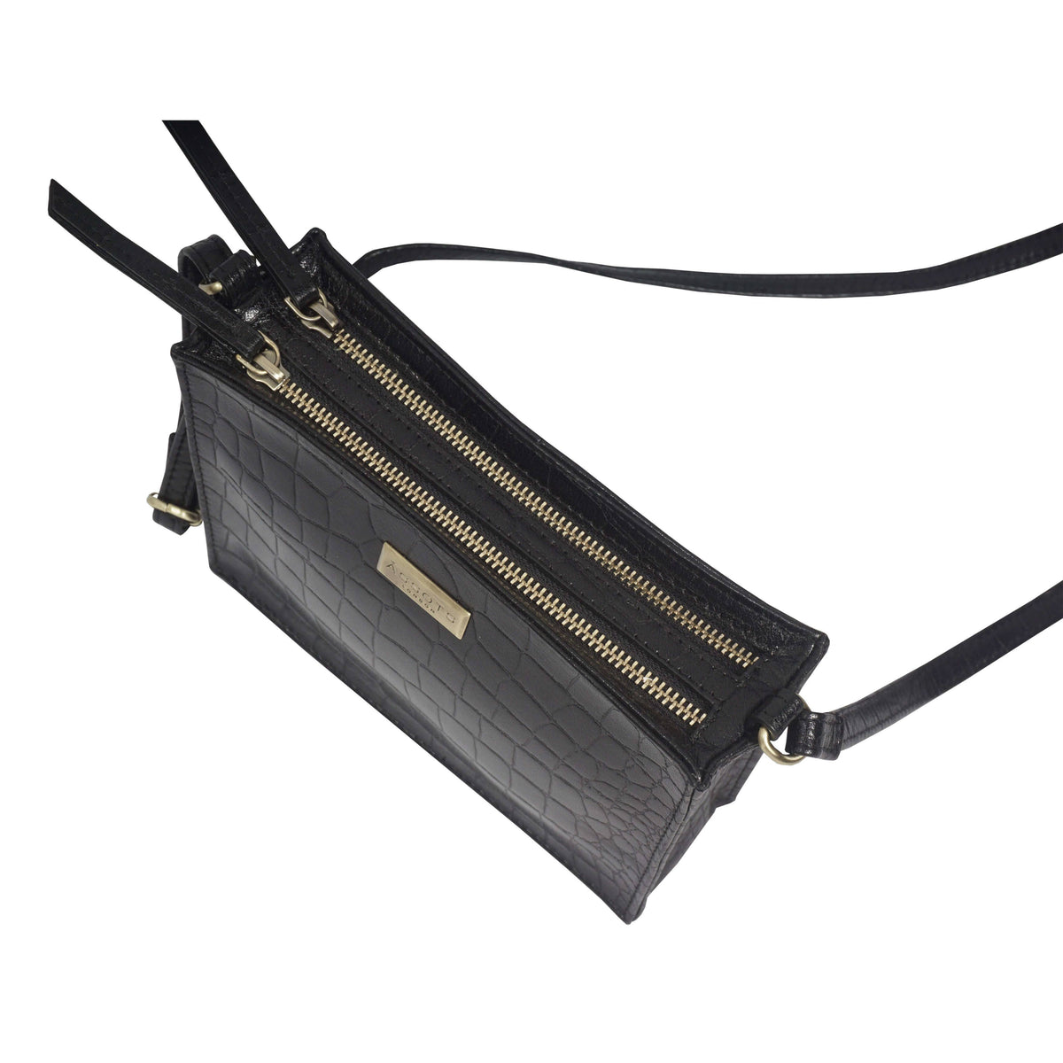 Assots London 'SUSAN' Black Croc Real Leather Rectangle Box Crossbody Bag