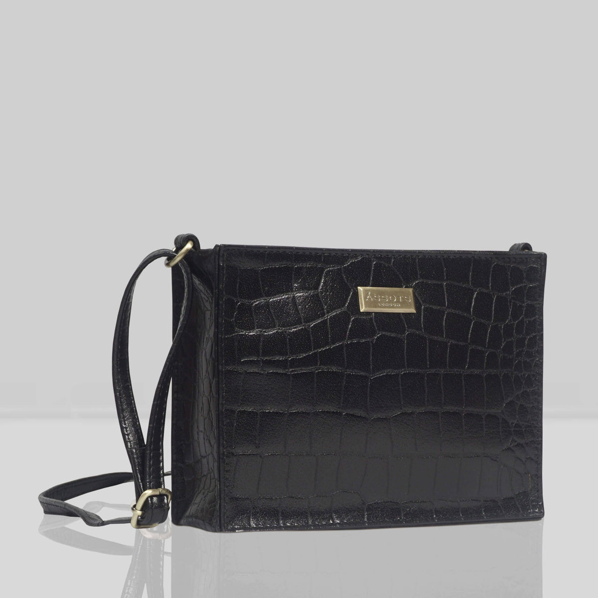 Assots London 'SUSAN' Black Croc Real Leather Rectangle Box Crossbody Bag
