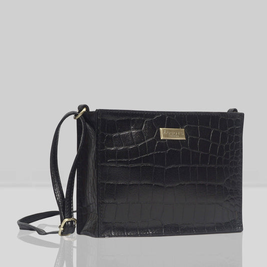 Assots London 'SUSAN' Black Croc Real Leather Rectangle Box Crossbody Bag