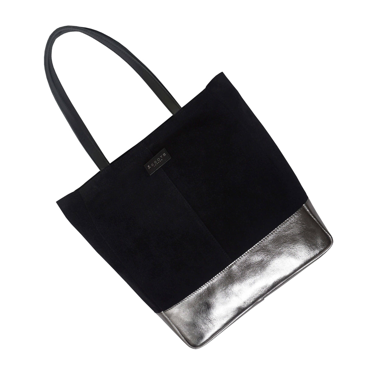 Assots London 'PAIGE' Black Real Leather + Pewter Metallic Leather Tote
