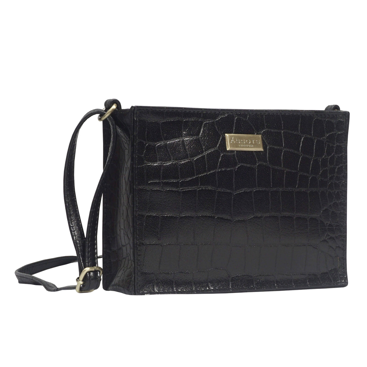 Assots London 'SUSAN' Black Croc Real Leather Rectangle Box Crossbody Bag