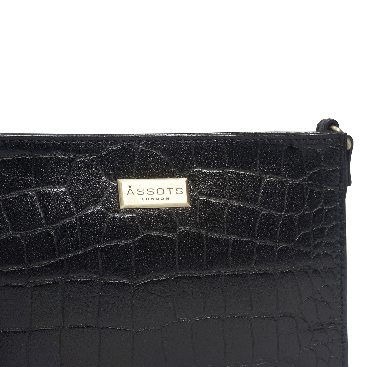 Assots London 'SUSAN' Black Croc Real Leather Rectangle Box Crossbody Bag