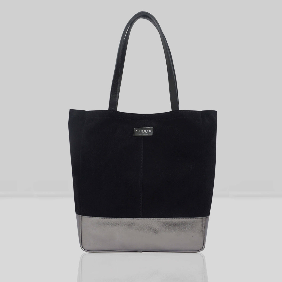 Assots London 'PAIGE' Black Real Leather + Pewter Metallic Leather Tote