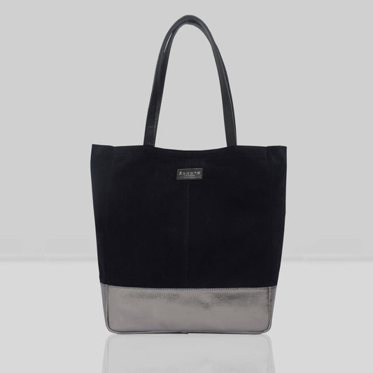 Assots London 'PAIGE' Black Real Leather + Pewter Metallic Leather Tote