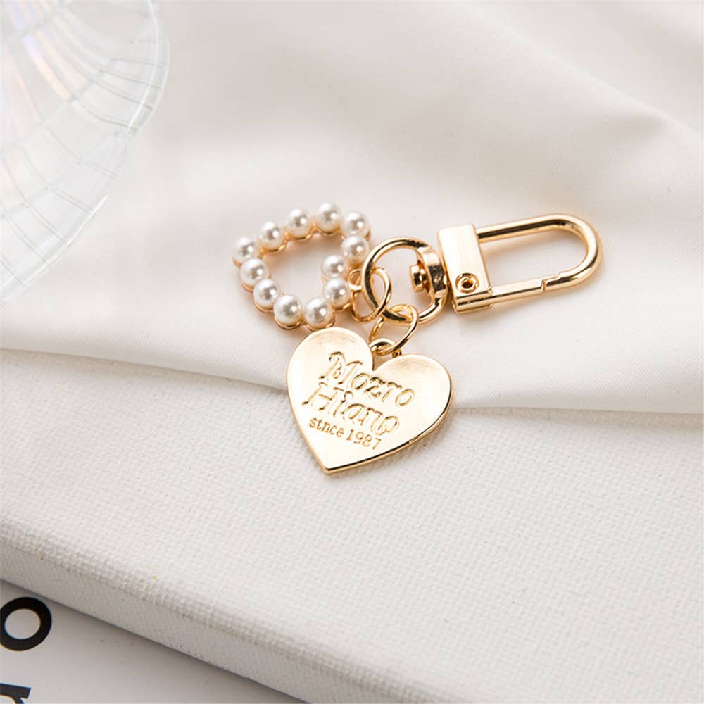 Gold Keychain with Shell, Pearl and Heart Purse Charm