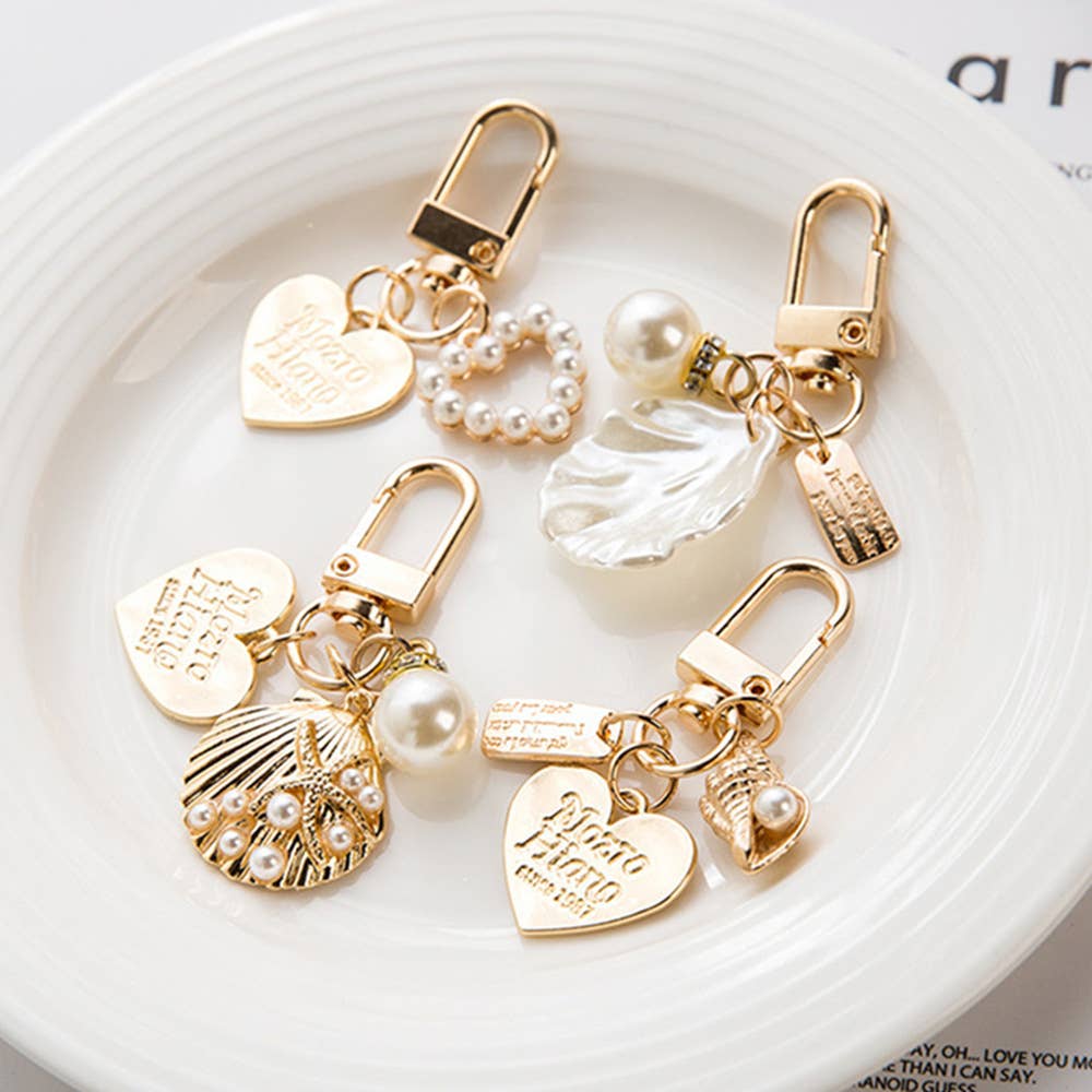 Gold Keychain with Shell, Pearl and Heart Purse Charm
