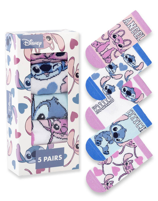 Disney Girls 'Stitch & Angel' Pink Blue 5 Pack Calf Socks