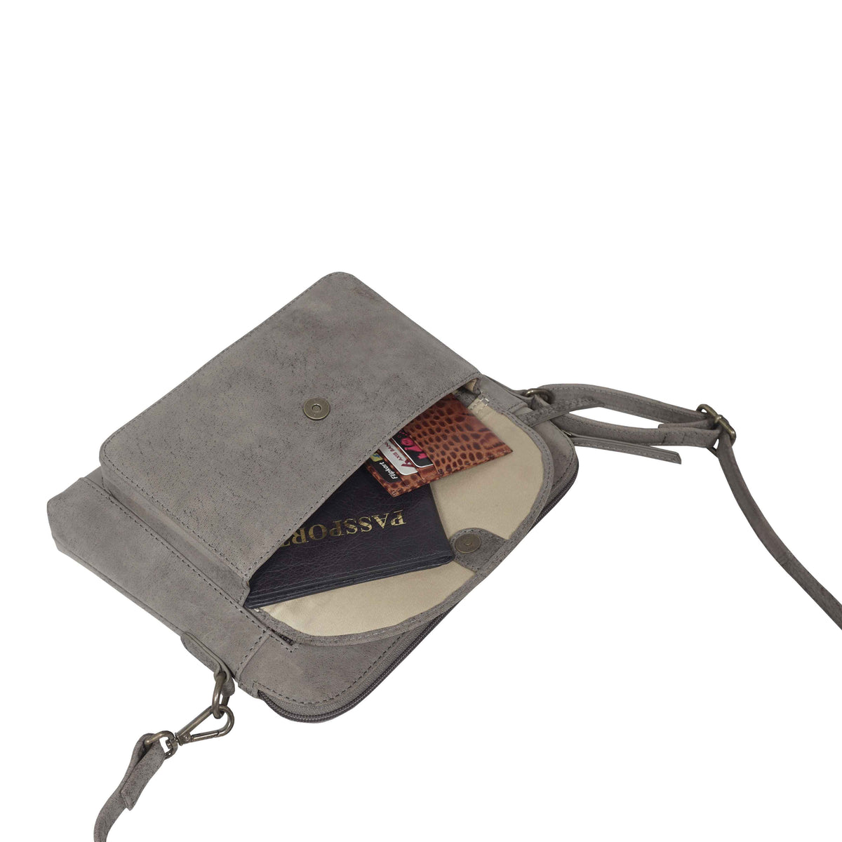'Assots London JEAN' Grey Distressed  Real Leather Crossbody Bag