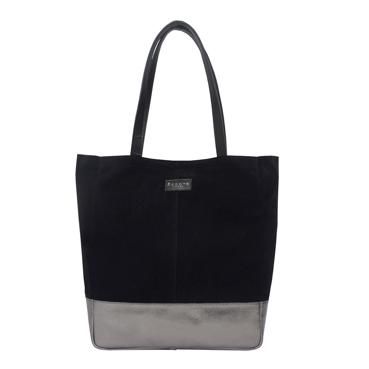 Assots London 'PAIGE' Black Real Leather + Pewter Metallic Leather Tote
