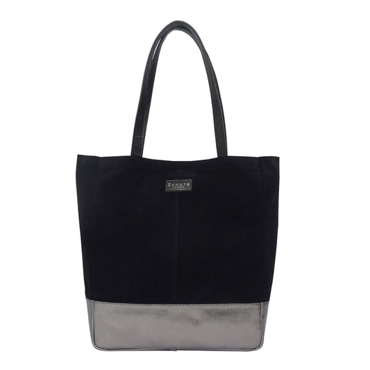 Assots London 'PAIGE' Black Real Leather + Pewter Metallic Leather Tote