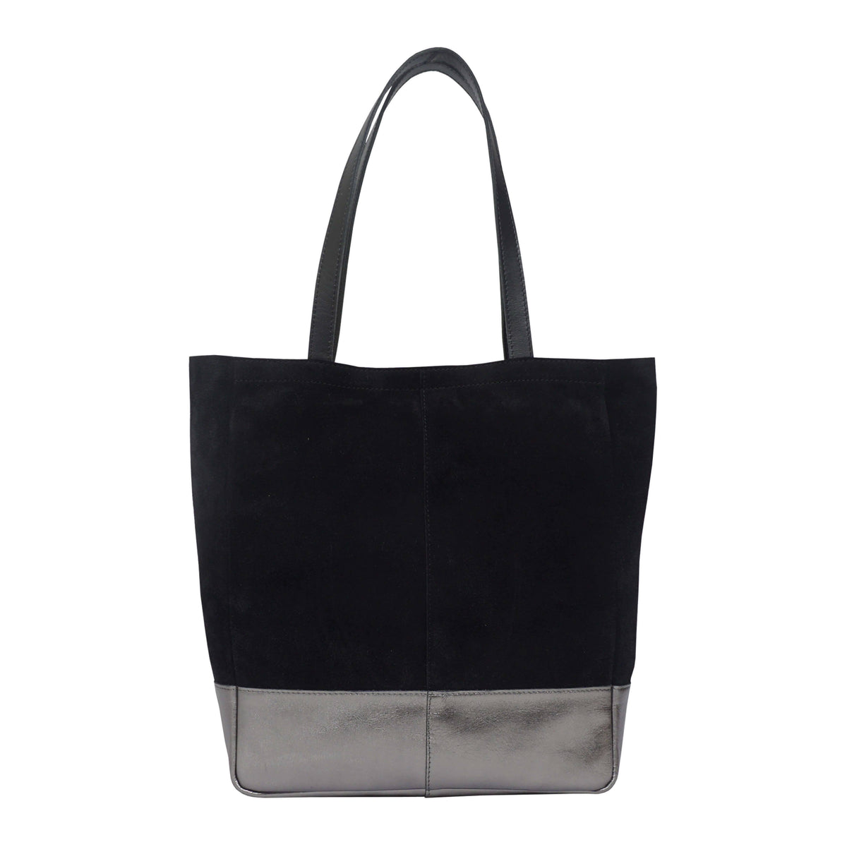 Assots London 'PAIGE' Black Real Leather + Pewter Metallic Leather Tote