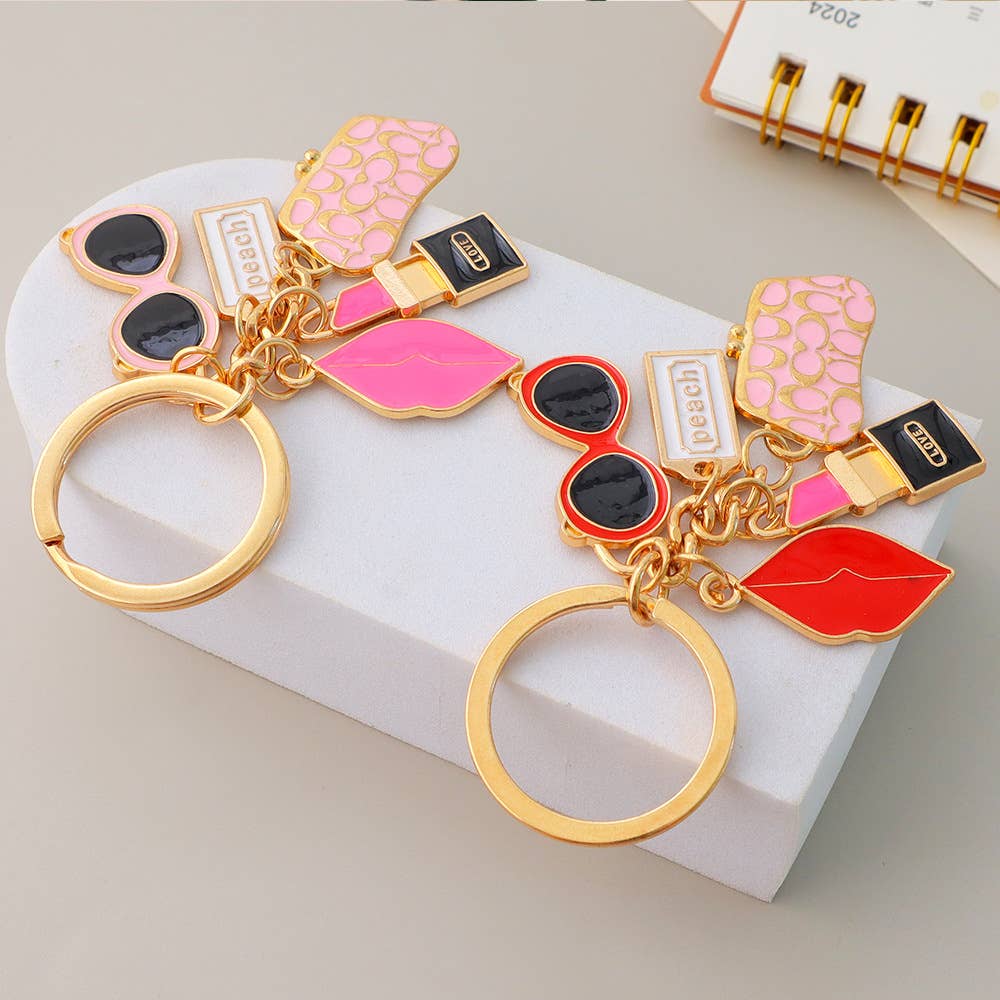Lipstick Wallet Sunglasses Red Lips Keychain Bag Pendant