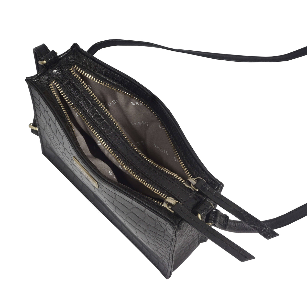Assots London 'SUSAN' Black Croc Real Leather Rectangle Box Crossbody Bag