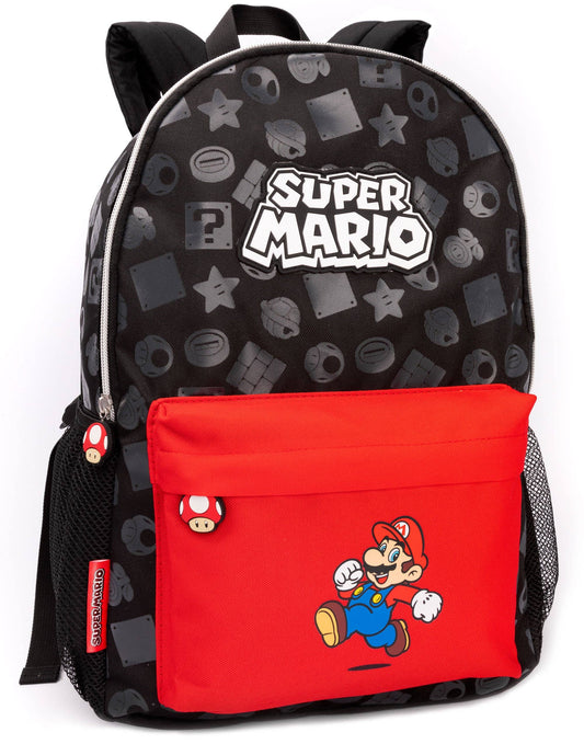Nintendo Boys Black Logo, Mario Placement Print / Moulded Toad Zipper Backpack (One Size)