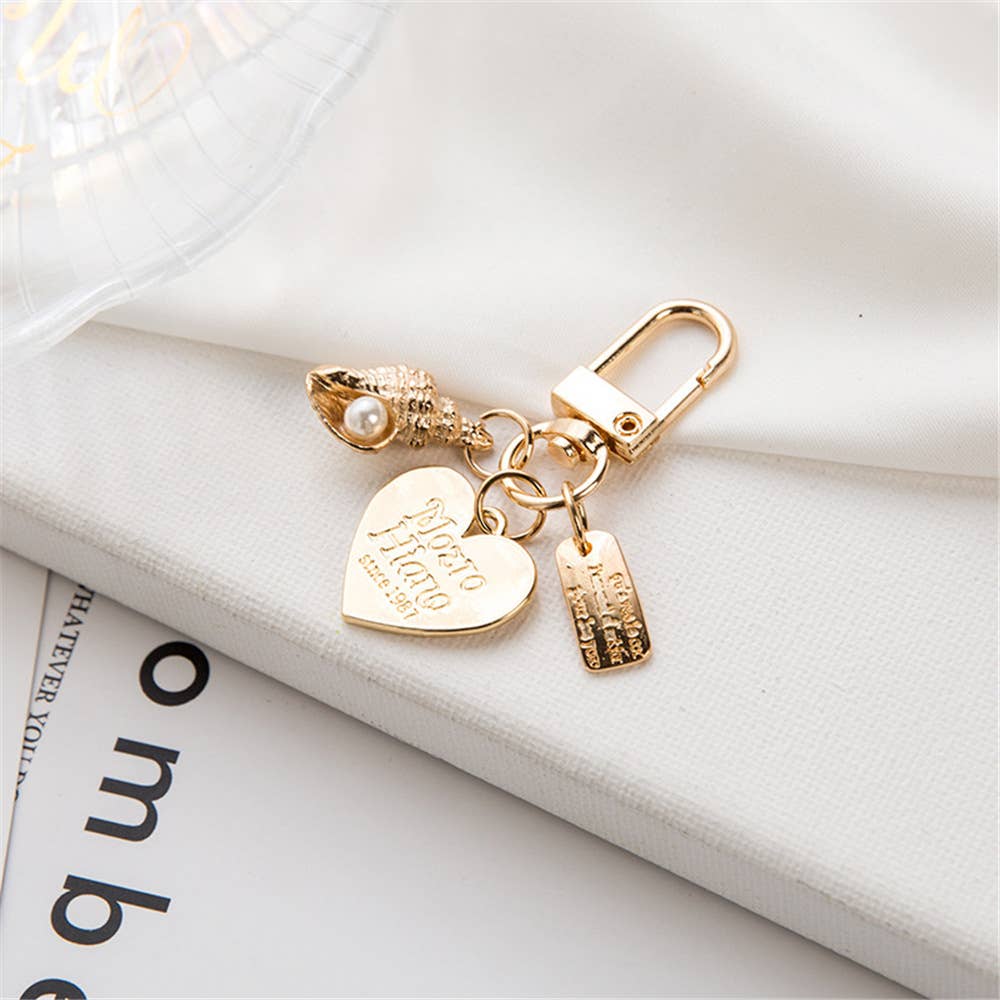 Gold Keychain with Shell, Pearl and Heart Purse Charm